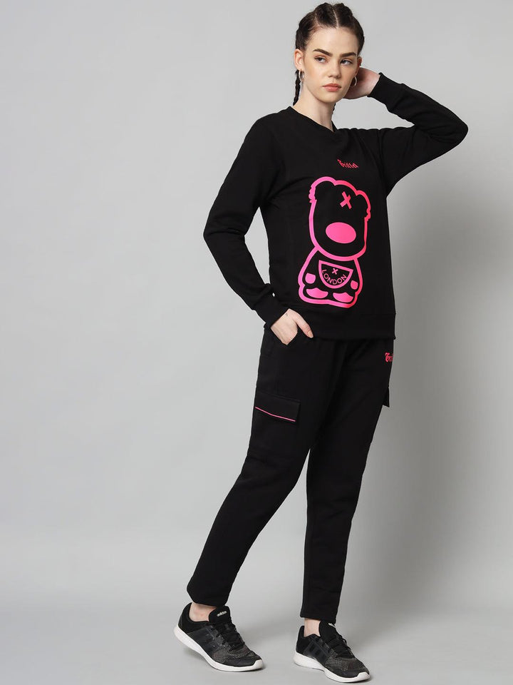 Griffel Women Teddy Print Fleece Round Neck and Joggers Full set Pink Black Tracksuit - griffel