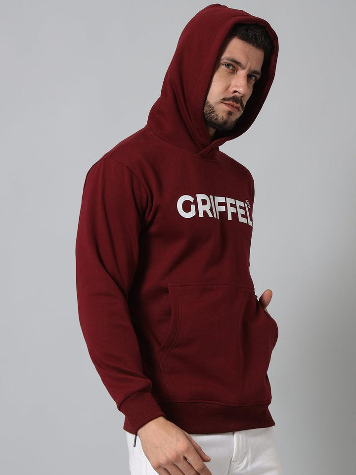 Griffel Men's Maroon Cotton Front Logo Fleece Hoody Sweatshirt with Full Sleeve - griffel
