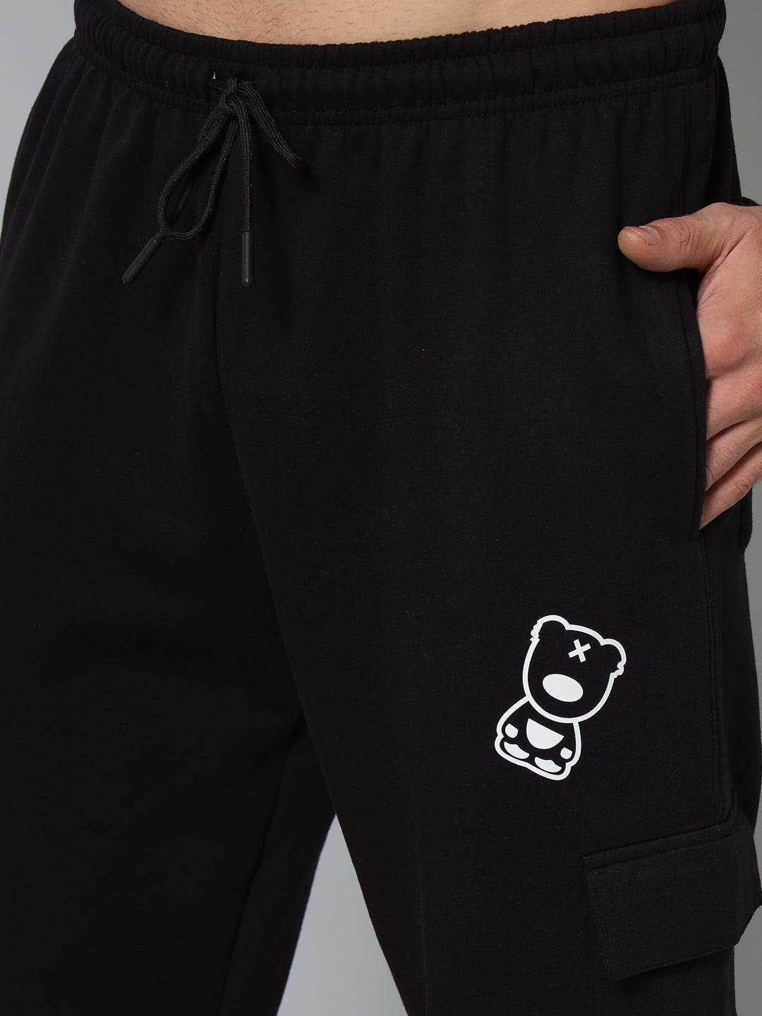 GRIFFEL Men Fleece 6 Pocket Front Logo Black Teddy Printed Trackpants - griffel