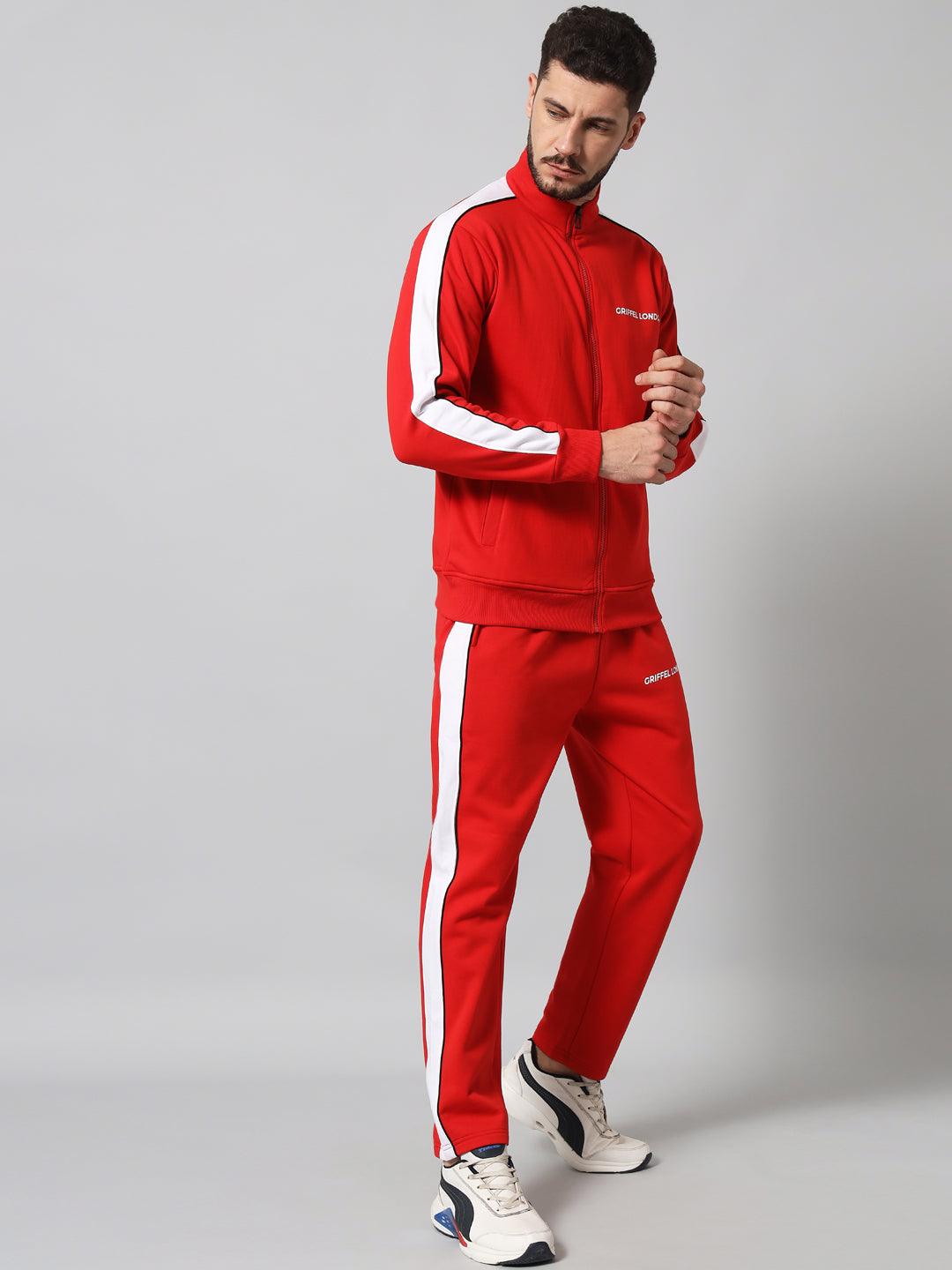 Griffel Men's Color Blocked Front Logo Fleece Zipper and Jogger Full set Red Tracksuit - griffel
