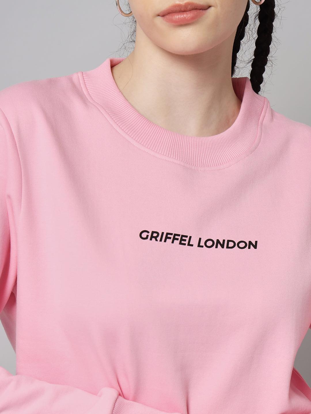 Griffel Women Solid Fleece Basic Round Neck Sweatshirt and Joggers Full set Pink Tracksuit - griffel