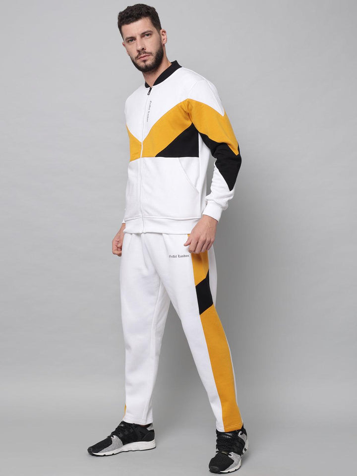 Griffel Men's Color Blocked Front Logo Fleece Zipper and Jogger Full set White Tracksuit - griffel