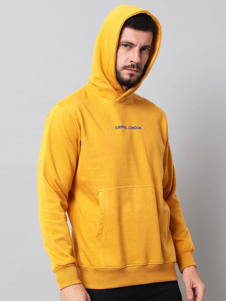 Griffel Men's Mustard Cotton Front Logo Fleece Hoody Sweatshirt with Full Sleeve - griffel