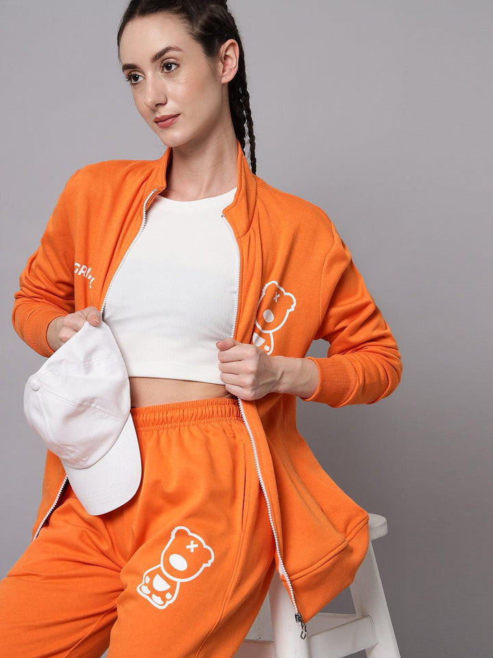 Griffel Women Color Blocked Fleece Zipper Neck Sweatshirt and Joggers Full set Orange Tracksuit - griffel