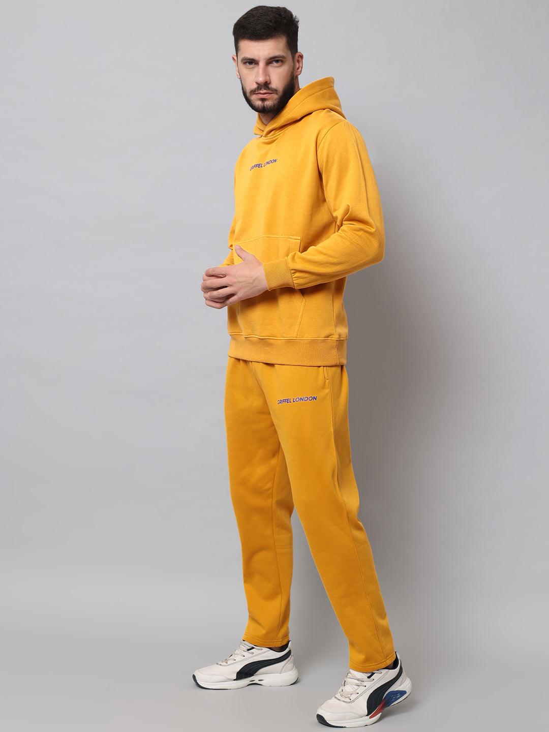 Griffel Men's Front Logo Solid Fleece Basic Hoodie and Joggers Full set Mustard Tracksuit - griffel