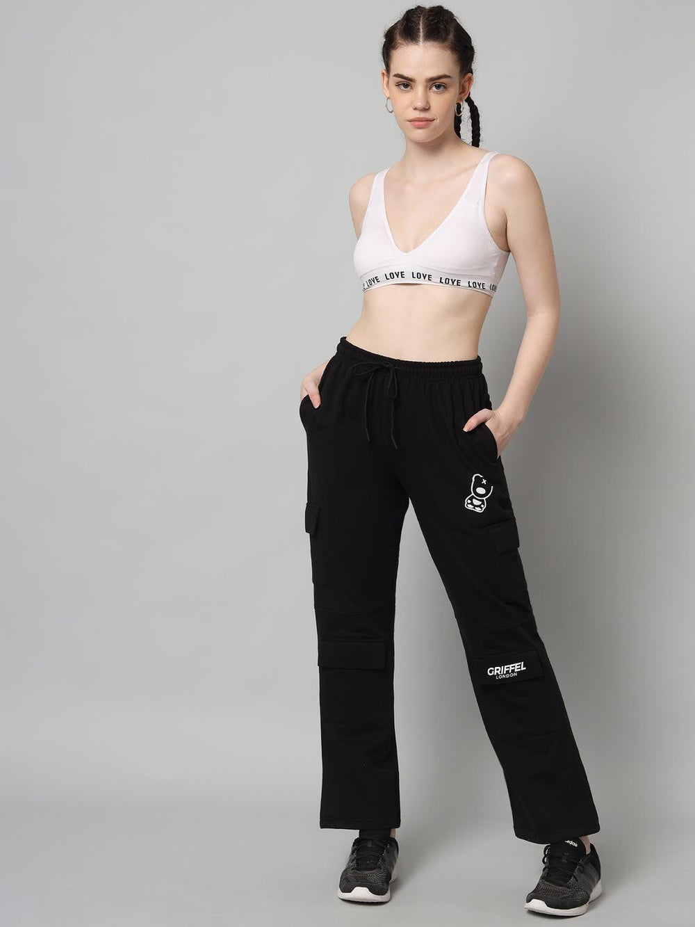 Griffel Women’s Front Teddy Logo 6 Pocket Grey Black Trackpant - griffel