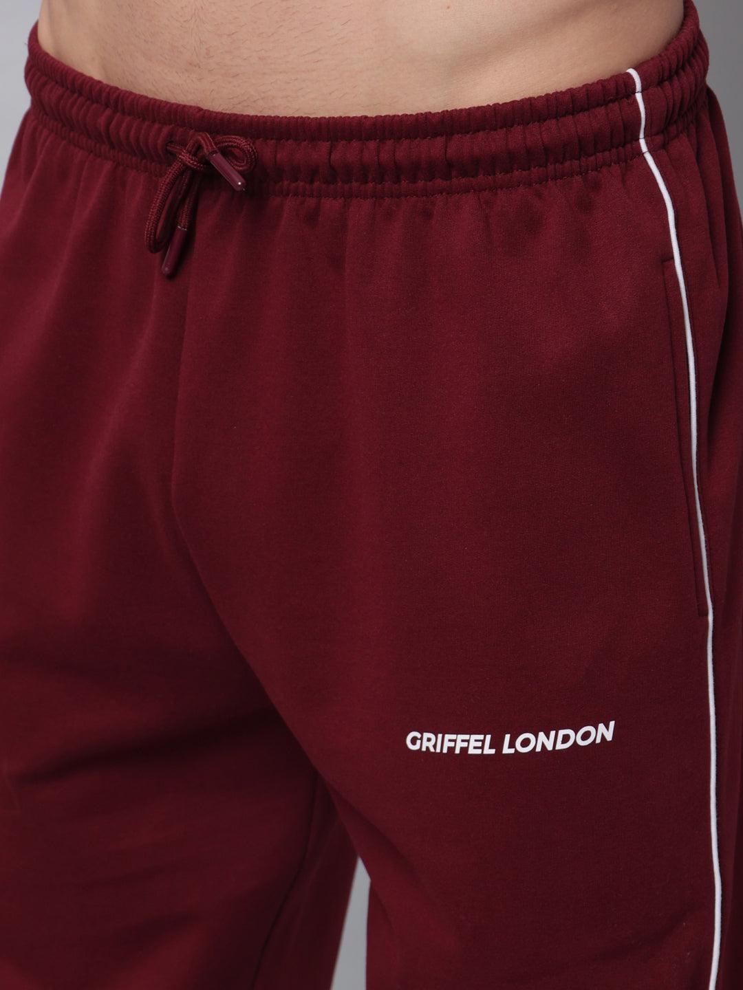 GRIFFEL Men Fleece Basic Solid Front Logo Maroon Trackpants - griffel