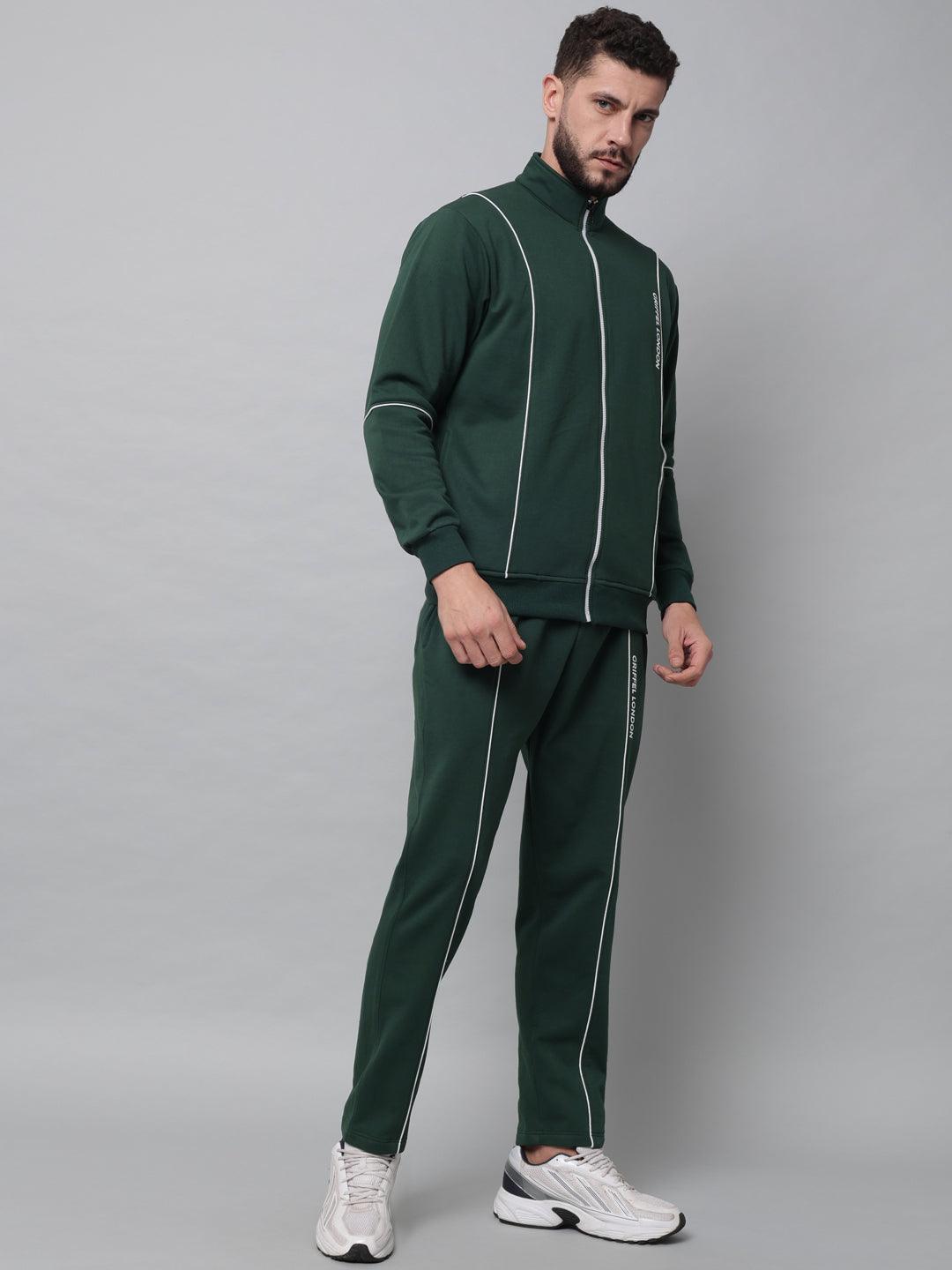 Griffel Men's Color Blocked Front Logo Fleece Zipper and Jogger Full set Bottle Green Tracksuit - griffel