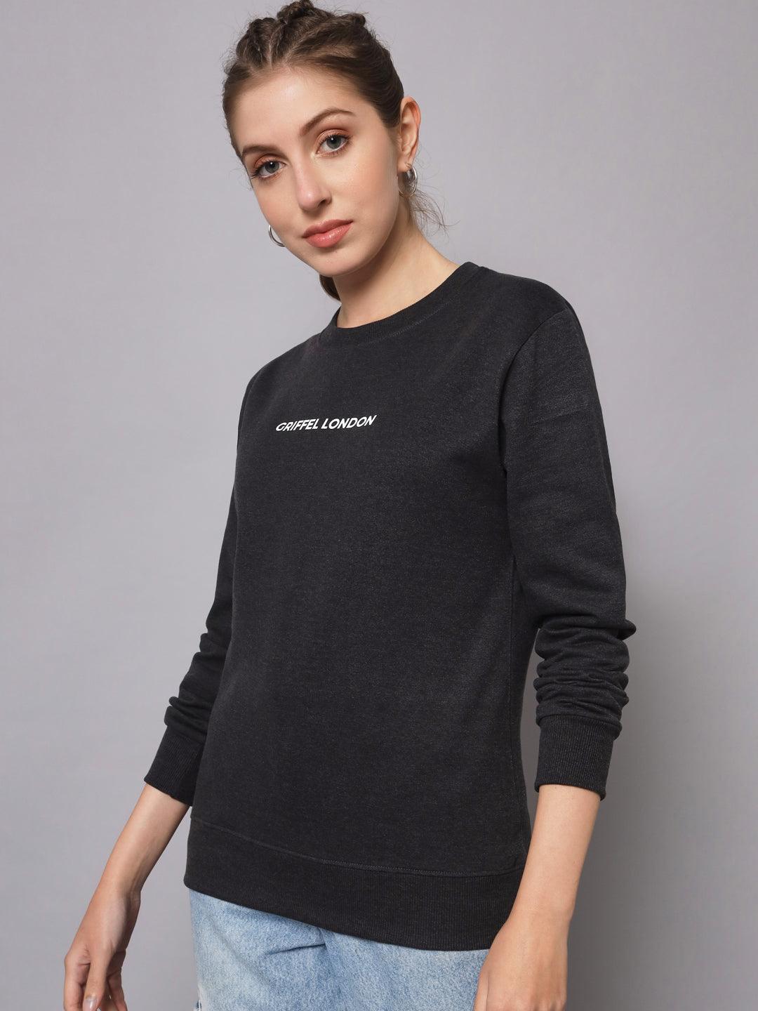 Griffel Women’s Printed Round Neck Anthra Cotton Fleece Full Sleeve Sweatshirt - griffel
