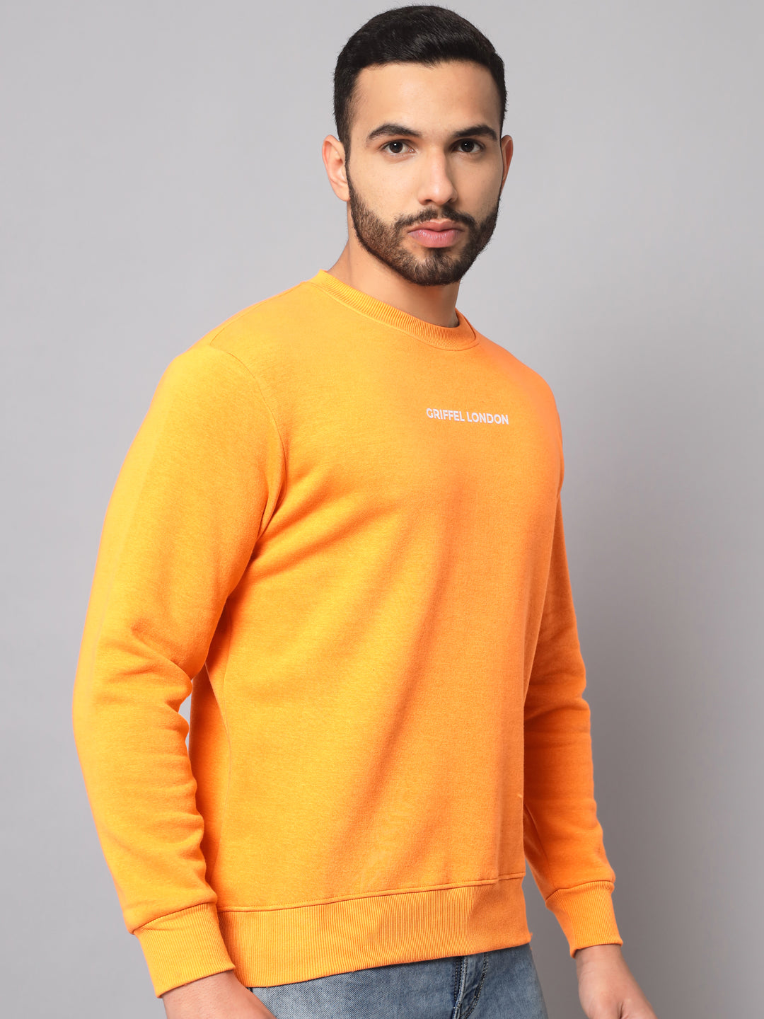 Griffel Men's Cotton Fleece Round Neck Orange Sweatshirt with Full Sleeve and Front Logo Print - griffel