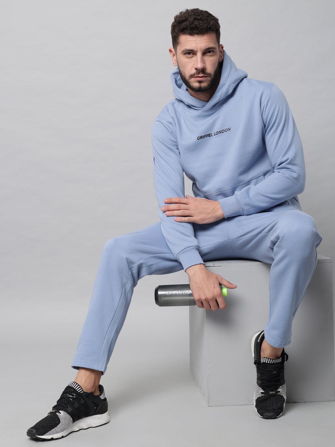 Griffel Men's Front Logo Solid Fleece Basic Hoodie and Joggers Full set Sky Blue Tracksuit - griffel