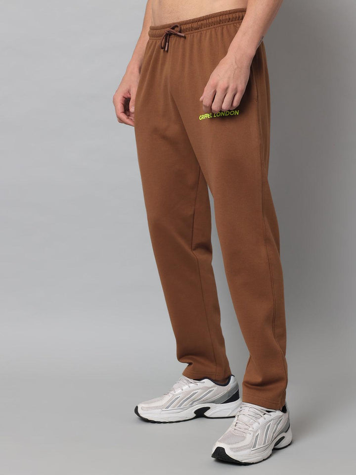 GRIFFEL Men Fleece Basic Solid Front Logo Brown Trackpants - griffel