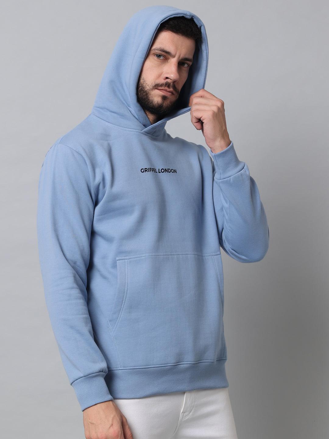 Griffel Men's Sky Blue Cotton Front Logo Fleece Hoody Sweatshirt with Full Sleeve - griffel