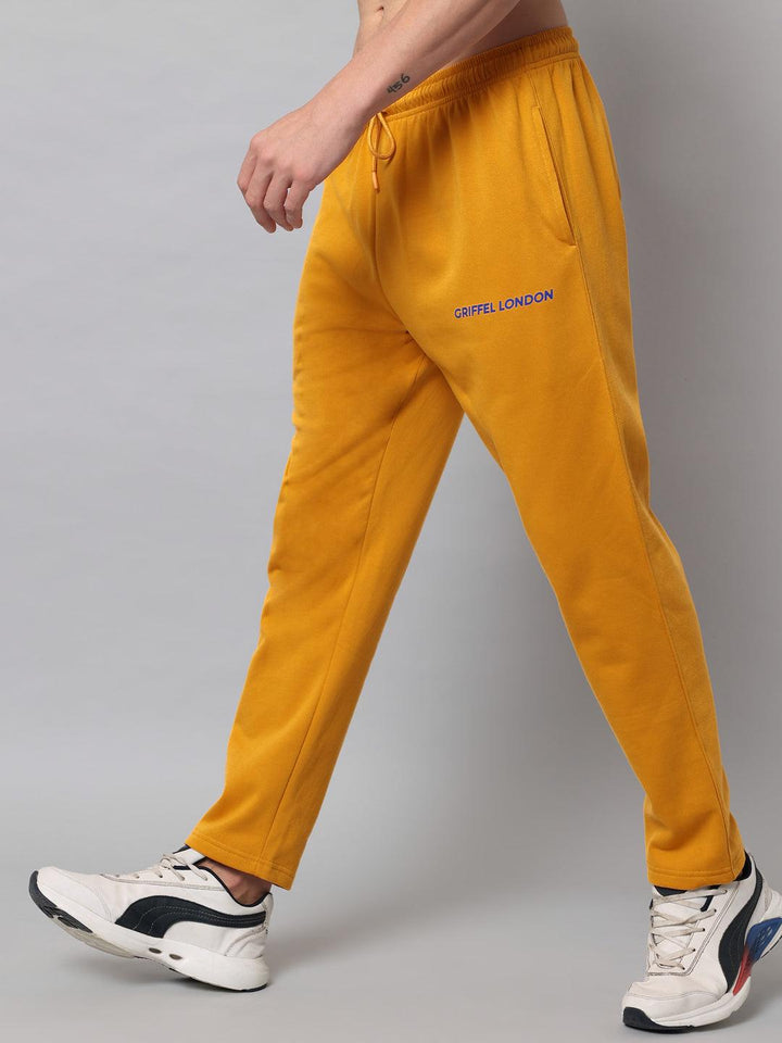 GRIFFEL Men Fleece Basic Solid Front Logo Mustard Trackpants - griffel