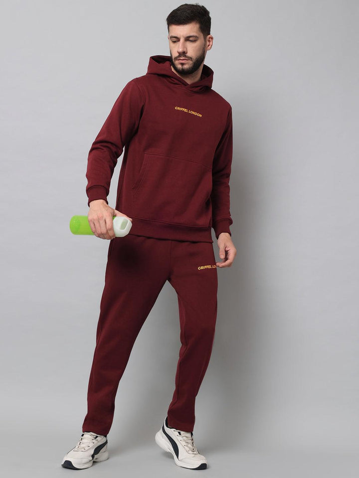 Griffel Men's Front Logo Solid Fleece Basic Hoodie and Joggers Full set Maroon Tracksuit - griffel