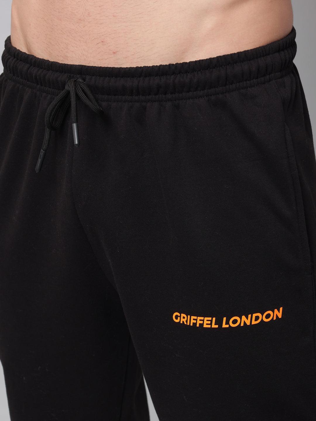 Griffel Men's Front Logo Solid Fleece Basic Hoodie and Joggers Full set Black Tracksuit - griffel
