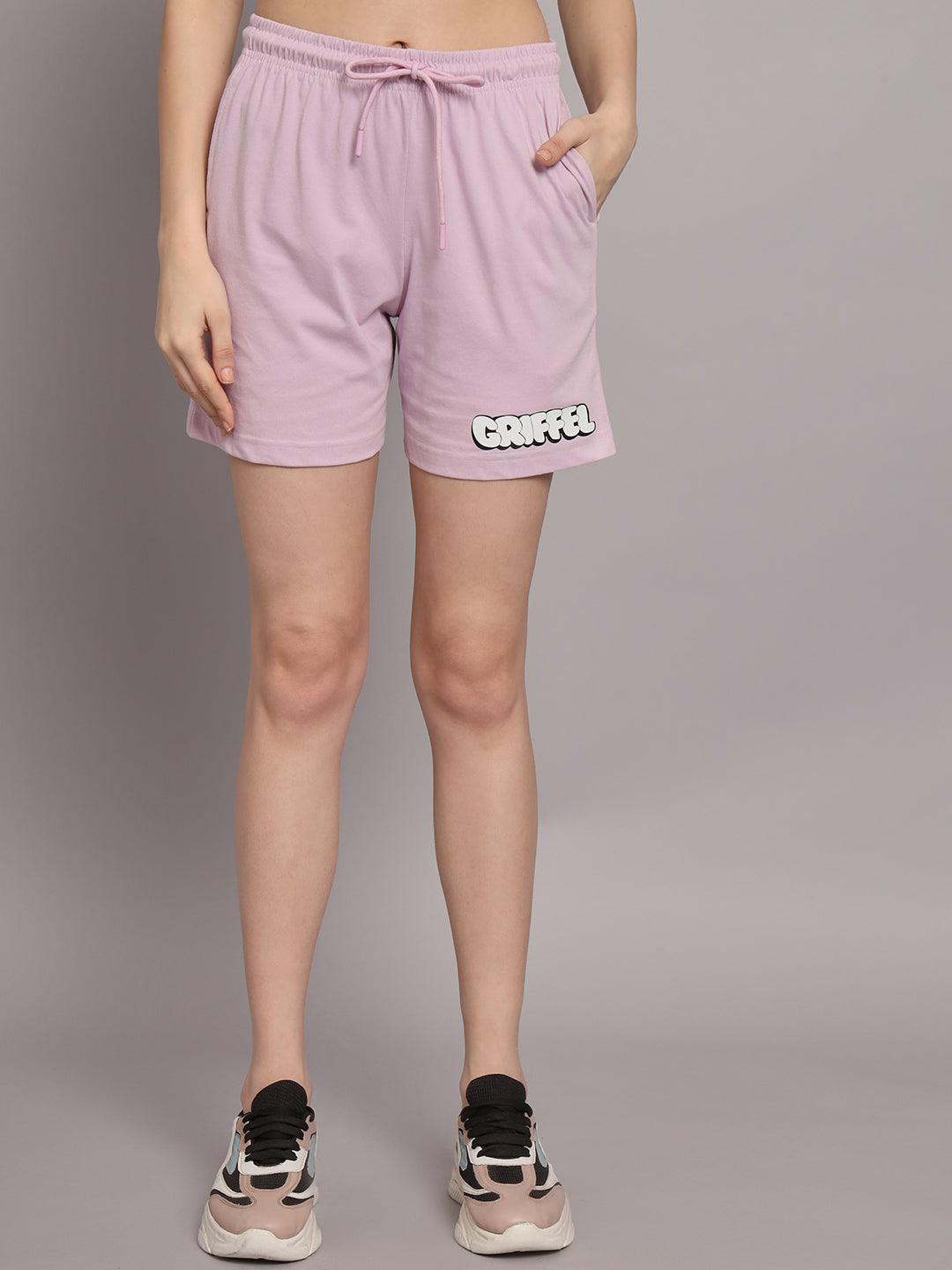 GRIFFEL Women Printed Oversized Loose fit Light Purple T-shirt and Short Set - griffel