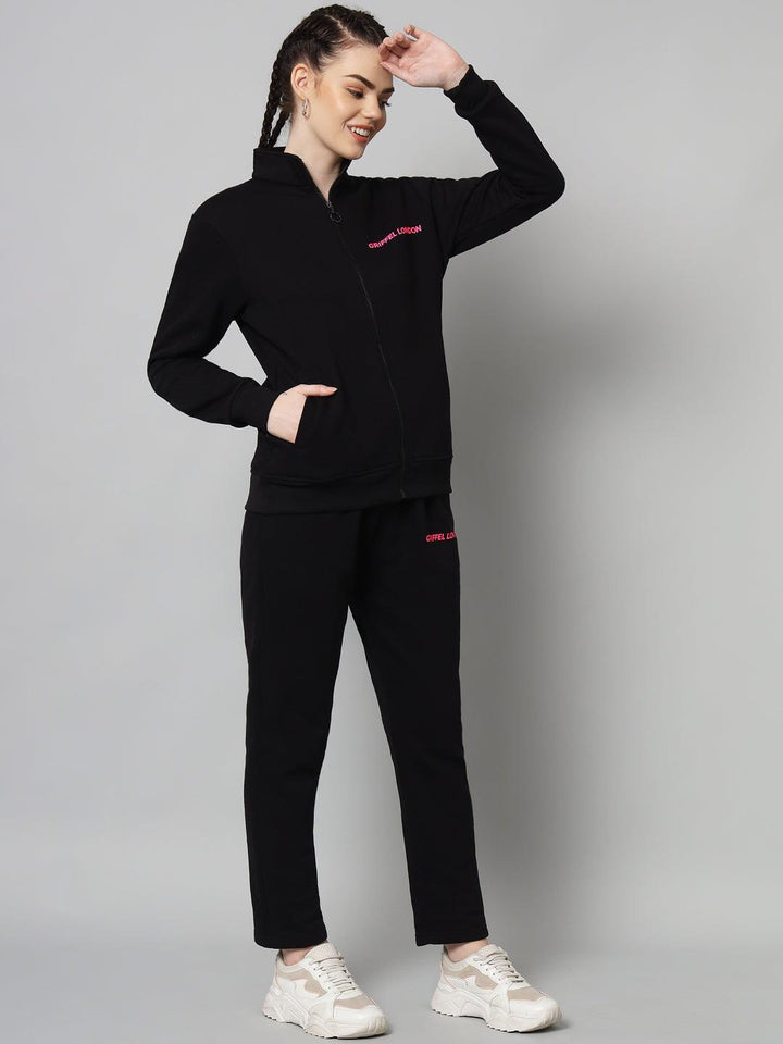 Griffel Women Solid Fleece Zipper Neck Sweatshirt and Joggers Full set Black Tracksuit - griffel