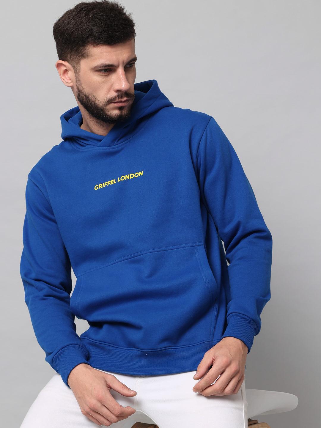 Griffel Men's Royal Cotton Front Logo Fleece Hoody Sweatshirt with Full Sleeve - griffel