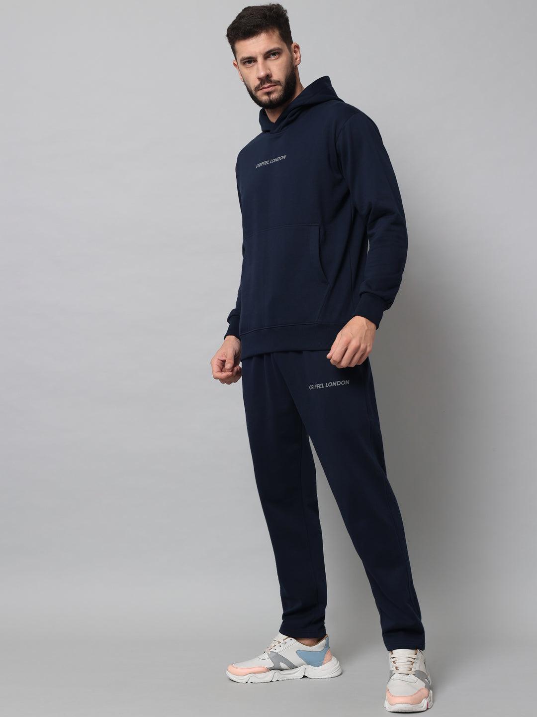 Griffel Men's Front Logo Solid Fleece Basic Hoodie and Joggers Full set Navy Tracksuit - griffel