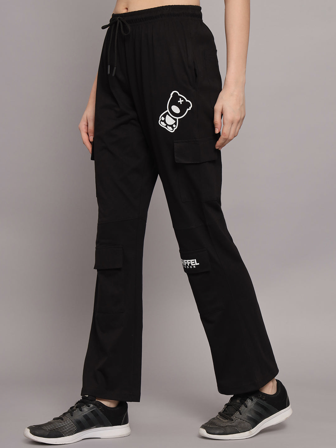Griffel Women’s Front Teddy Logo 6 Pocket Black Trackpant - griffel