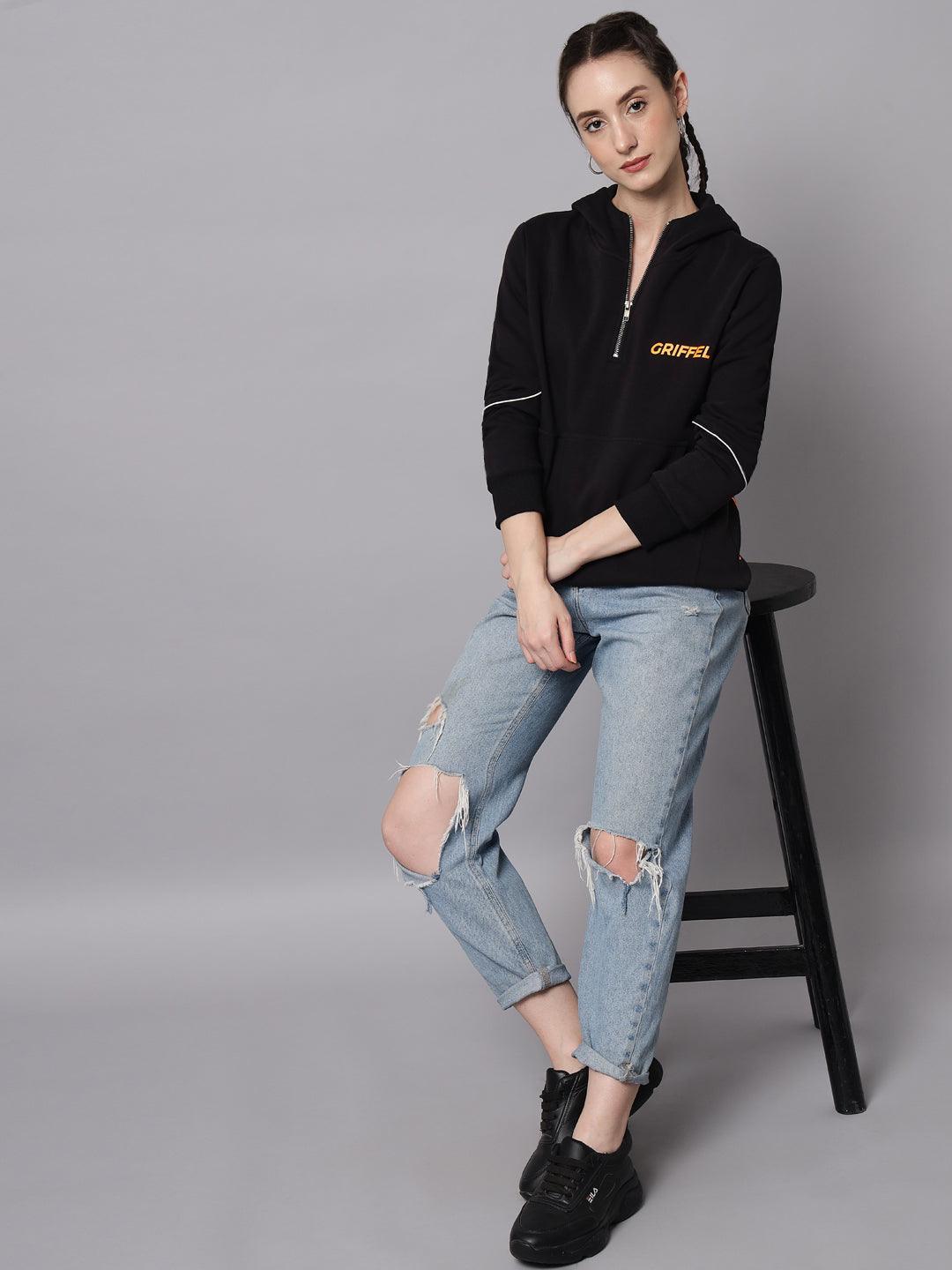 Griffel Women’s Cotton Fleece Full Sleeve Hoodie Black Half Zip Sweatshirt - griffel