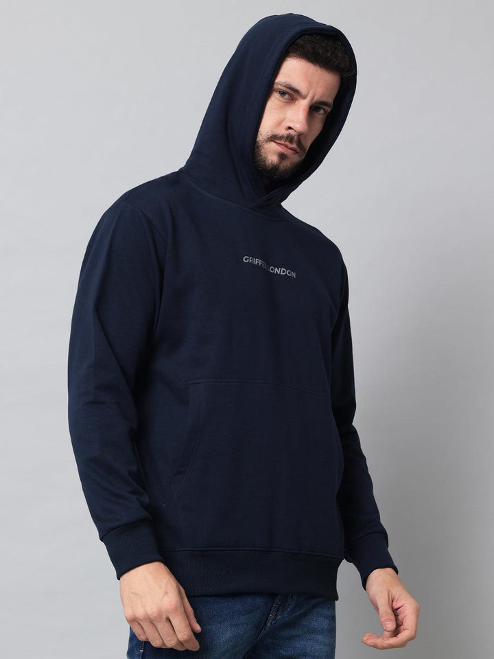 Griffel Men's Navy Cotton Front Logo Fleece Hoody Sweatshirt with Full Sleeve - griffel