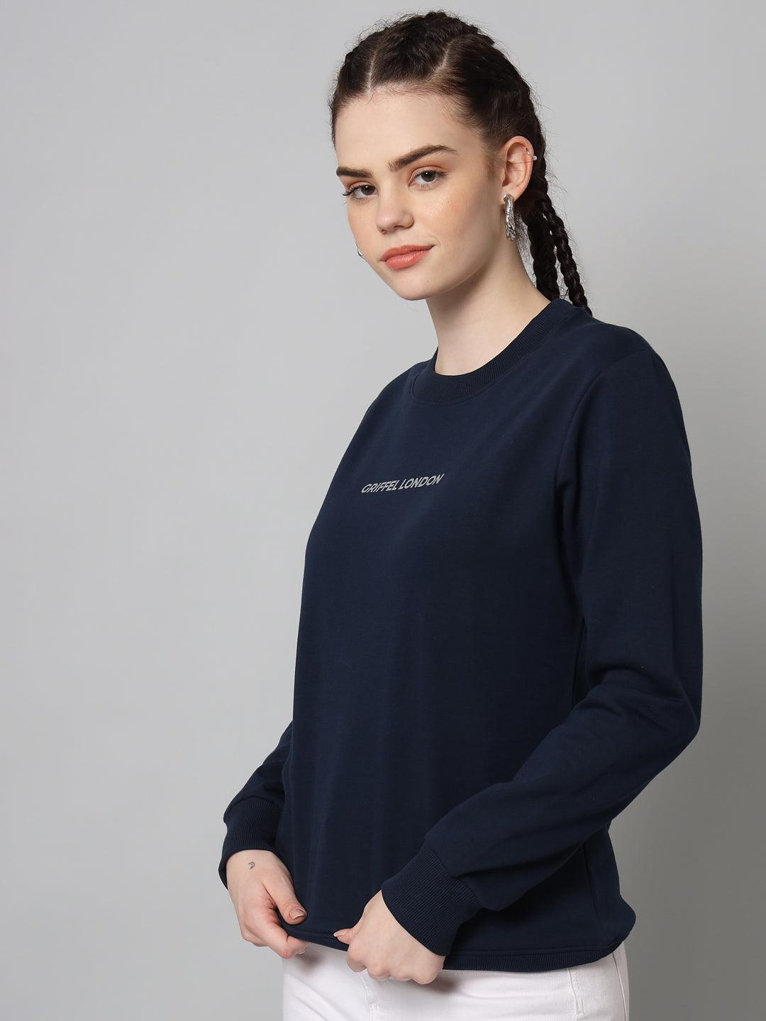 Griffel Women’s Printed Round Neck Navy Cotton Fleece Full Sleeve Sweatshirt - griffel