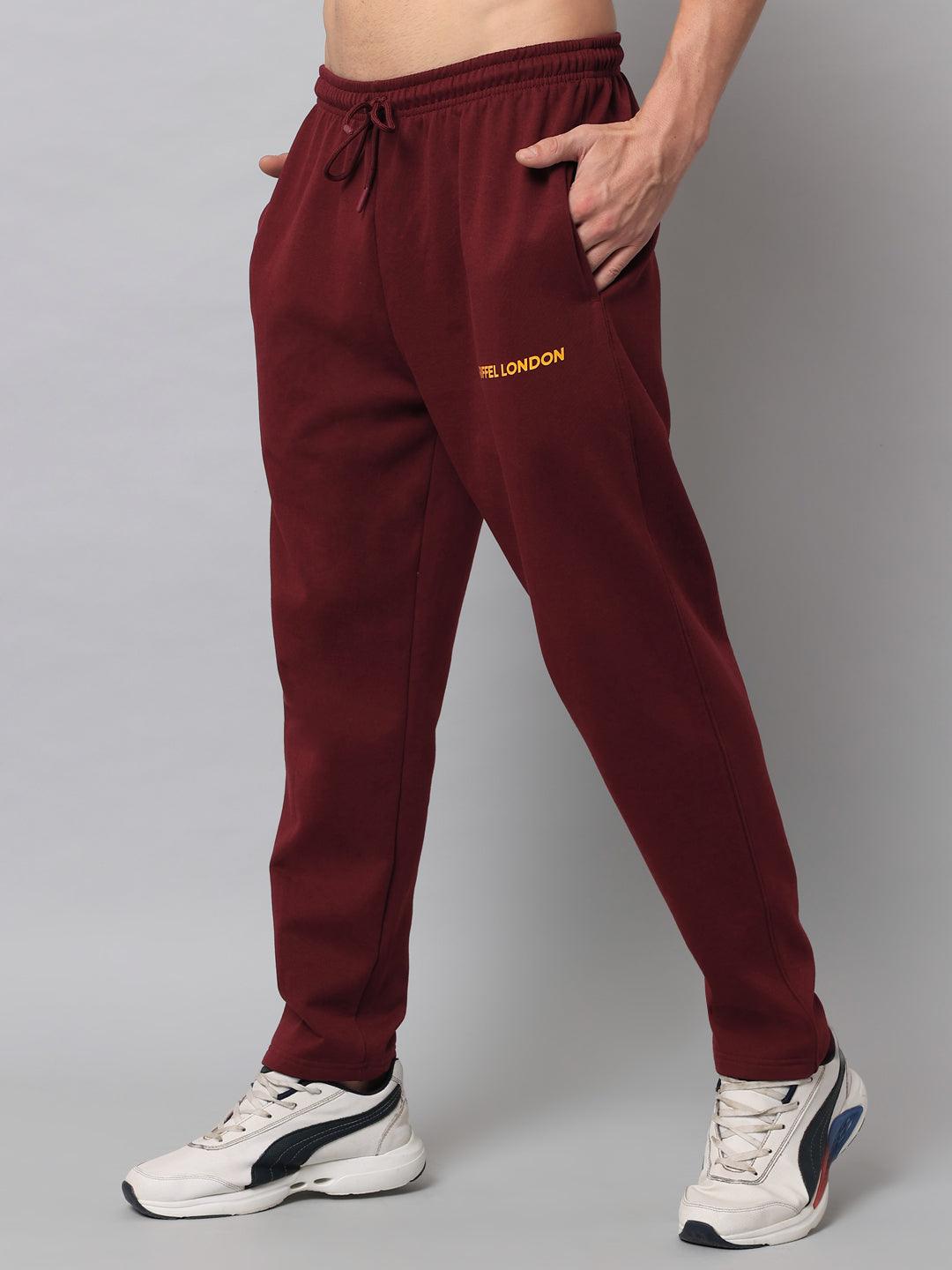 GRIFFEL Men Fleece Basic Solid Front Logo Maroon Trackpants - griffel