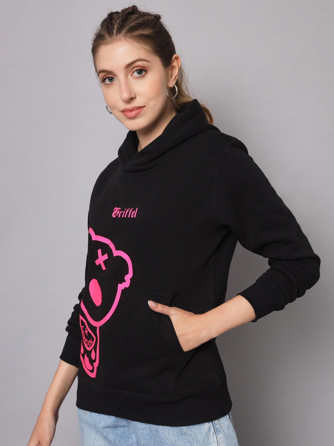 Griffel Women’s Cotton Fleece Full Sleeve Black Teddy Hoodie Sweatshirt - griffel