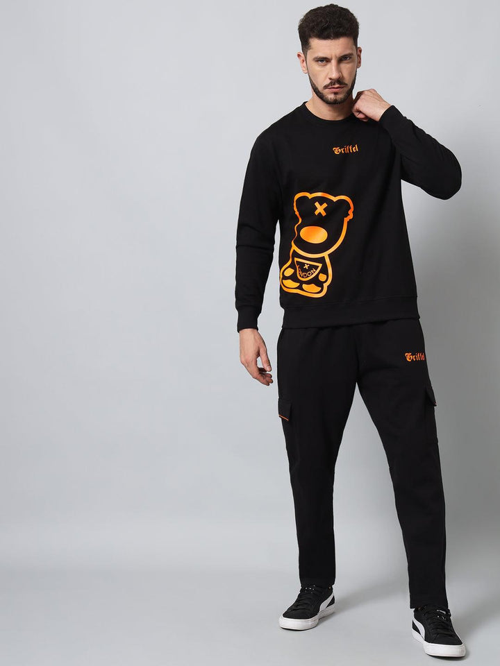 Griffel Men's Cotton Fleece Round Neck Black Orange Sweatshirt with Full Sleeve and Teddy Logo Print - griffel