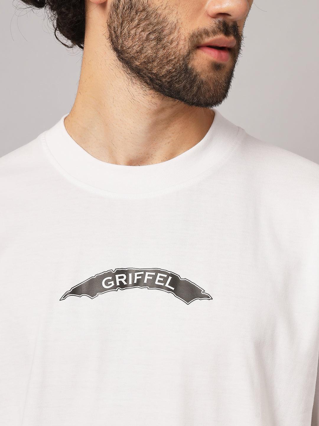 GRIFFEL Men Printed White Loose fit T-shirt and Bell Bottom Trackpant Set - griffel