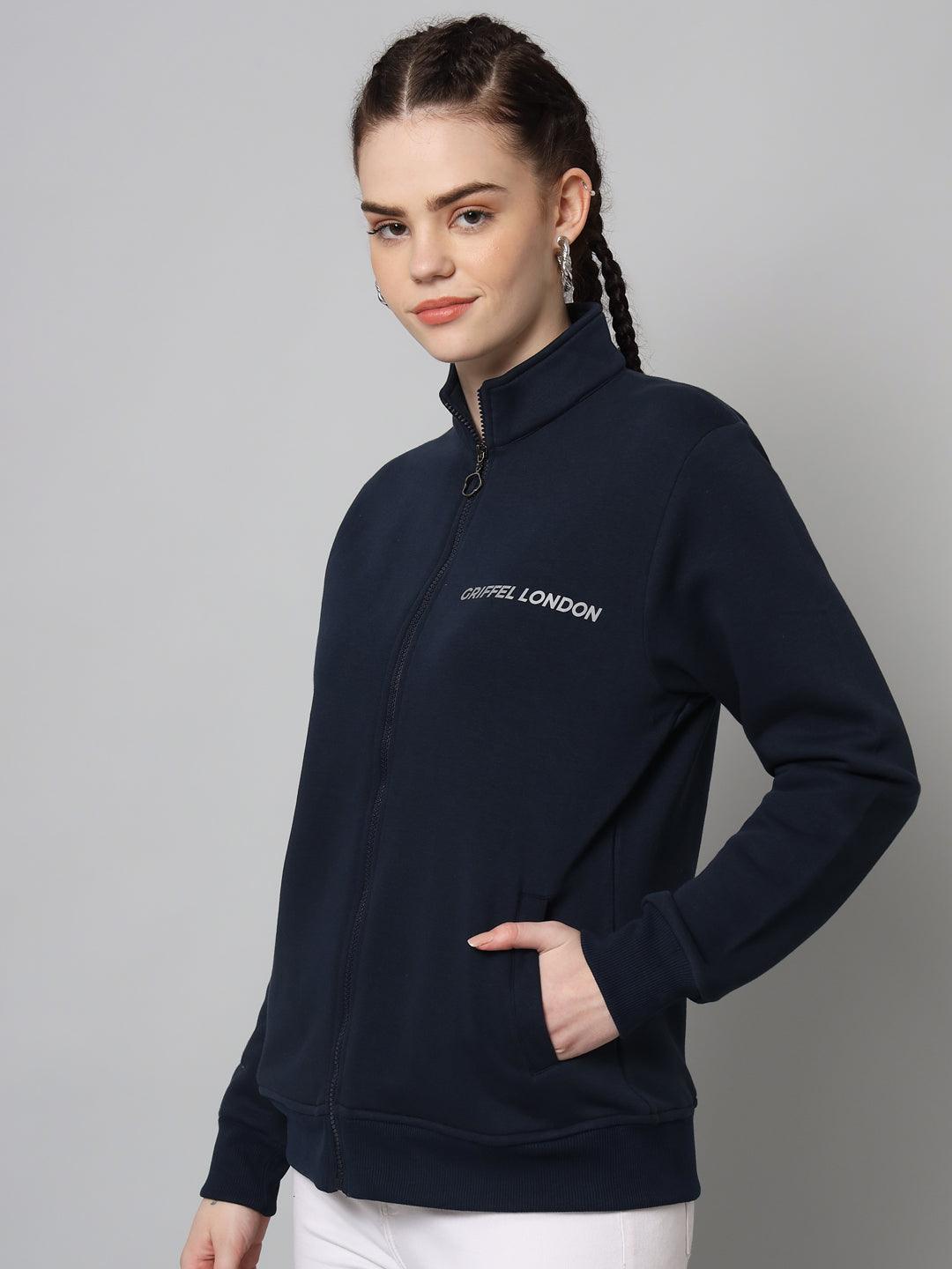 Griffel Women’s Cotton Fleece Full Sleeve Navy Zipper Sweatshirt - griffel