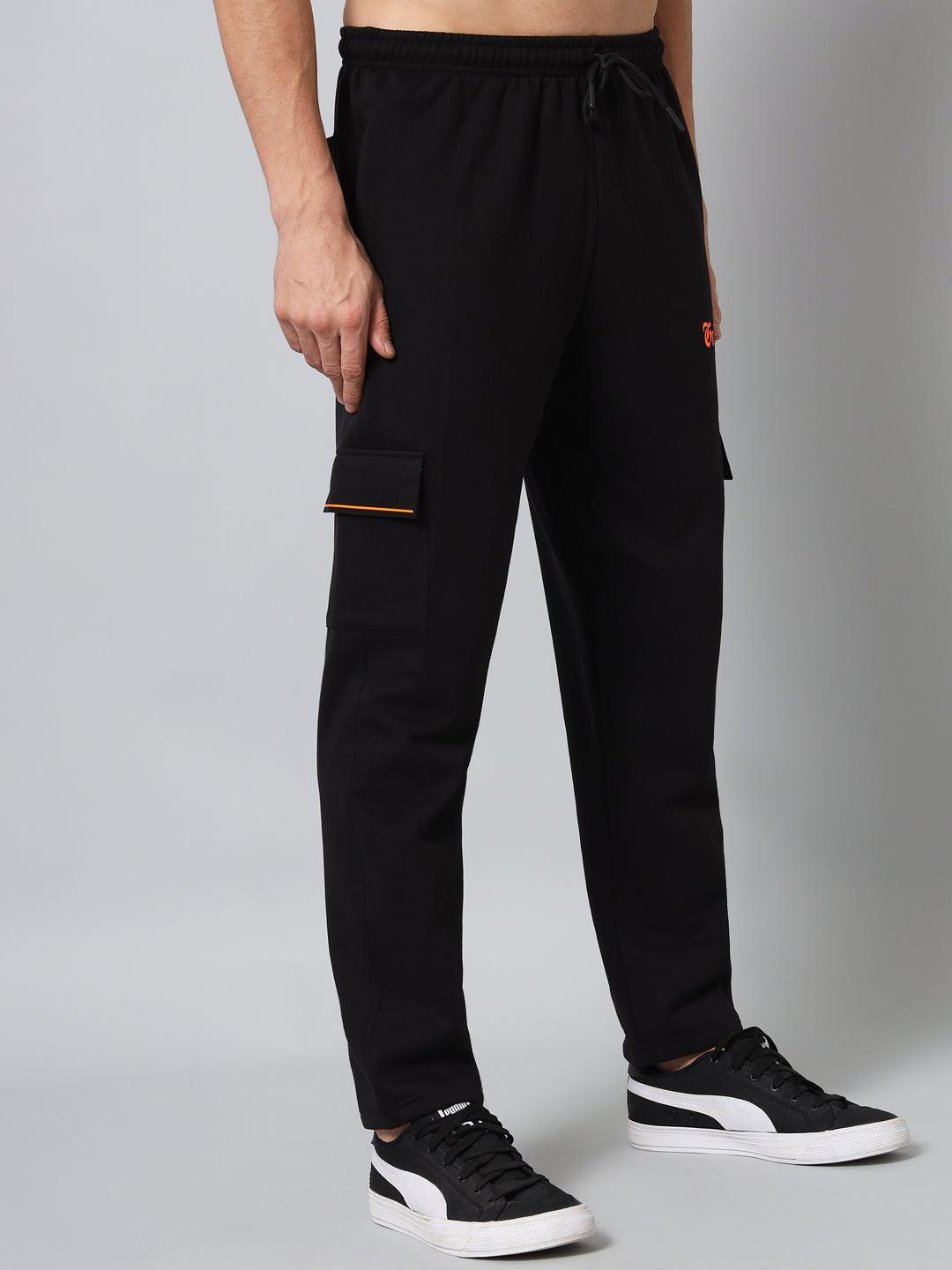 GRIFFEL Men Fleece 6 Pocket Front Logo Black Orange Trackpants - griffel