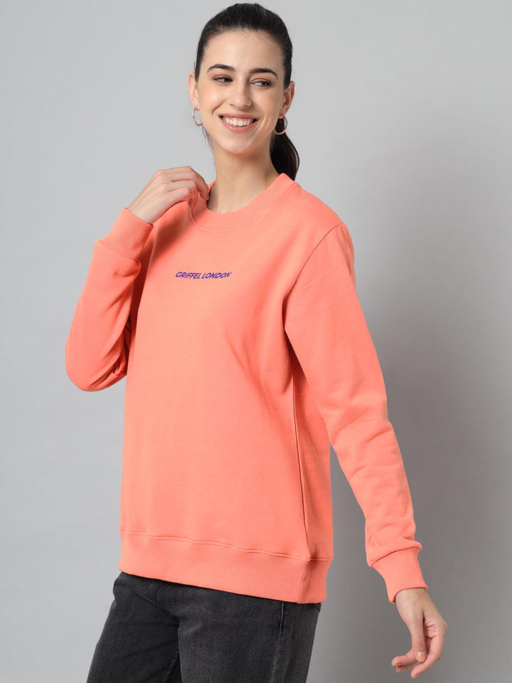 Griffel Women’s Printed Round Neck Peach Cotton Fleece Full Sleeve Sweatshirt - griffel