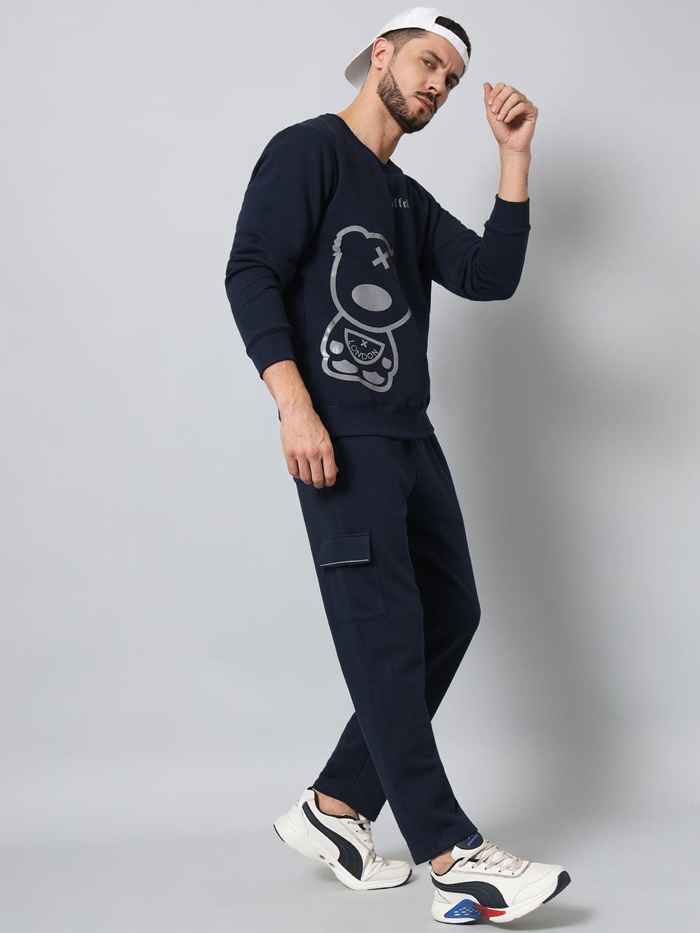 Griffel Men's Front Teddy Print Fleece Basic R-Neck Sweatshirt and Joggers Full set Grey Navy Tracksuit - griffel