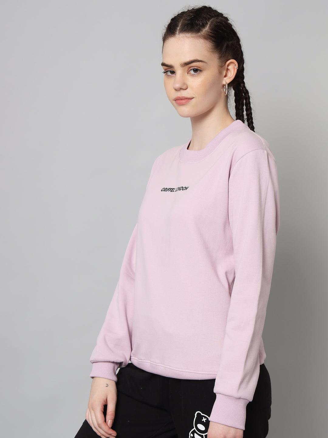 Griffel Women’s Printed Round Neck Light Purple Cotton Fleece Full Sleeve Sweatshirt - griffel