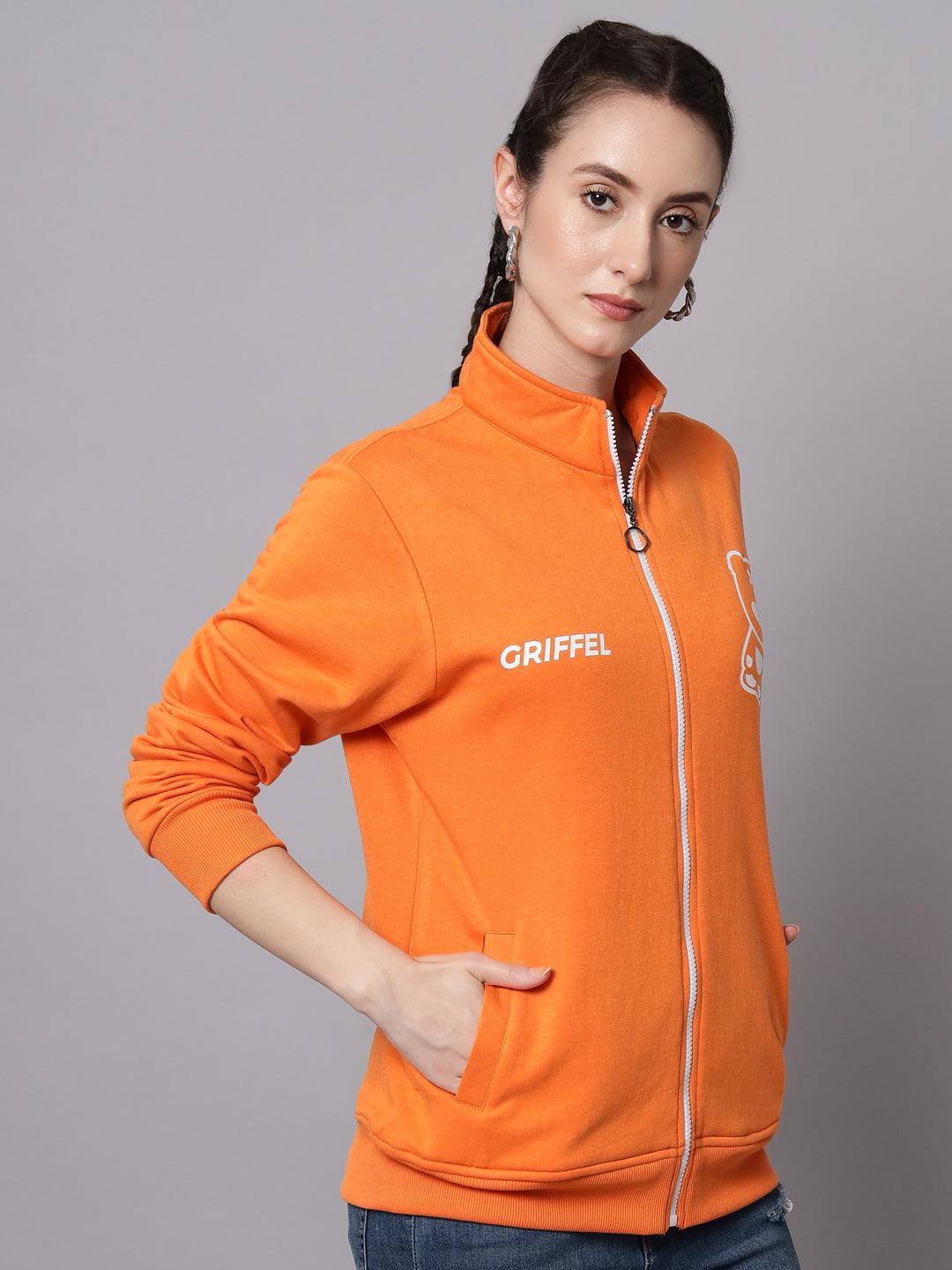 Griffel Women’s Cotton Fleece Full Sleeve Orange Zipper Color Blocked Sweatshirt - griffel