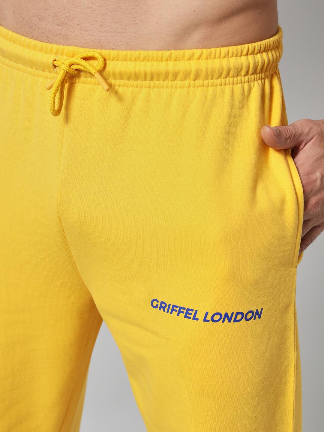 Griffel Men's Front Logo Solid Fleece Basic R-Neck and Joggers Full set Yellow Tracksuit - griffel