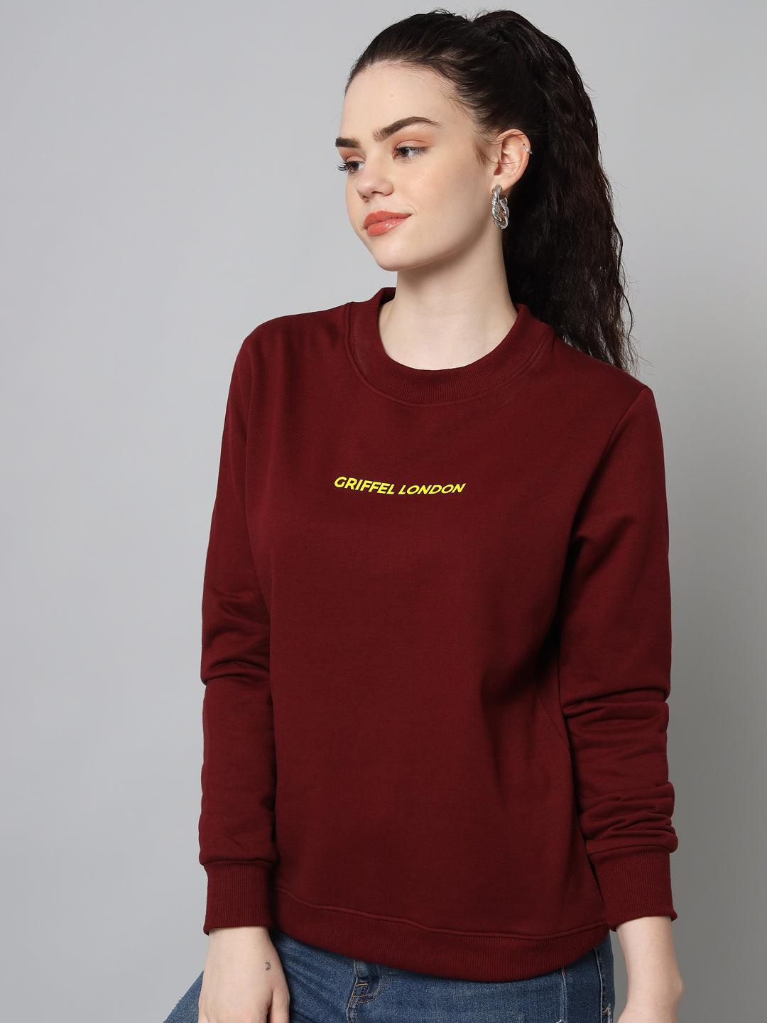 Griffel Women’s Printed Round Neck Maroon Cotton Fleece Full Sleeve Sweatshirt - griffel