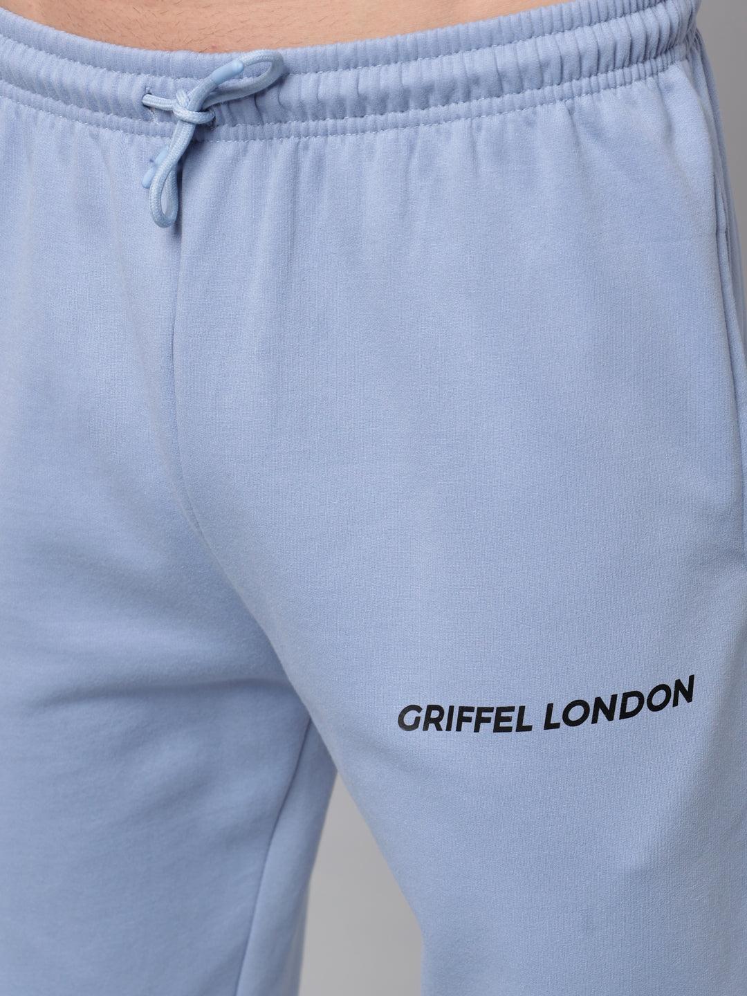 GRIFFEL Men Fleece Basic Solid Front Logo Sky Blue Trackpants - griffel