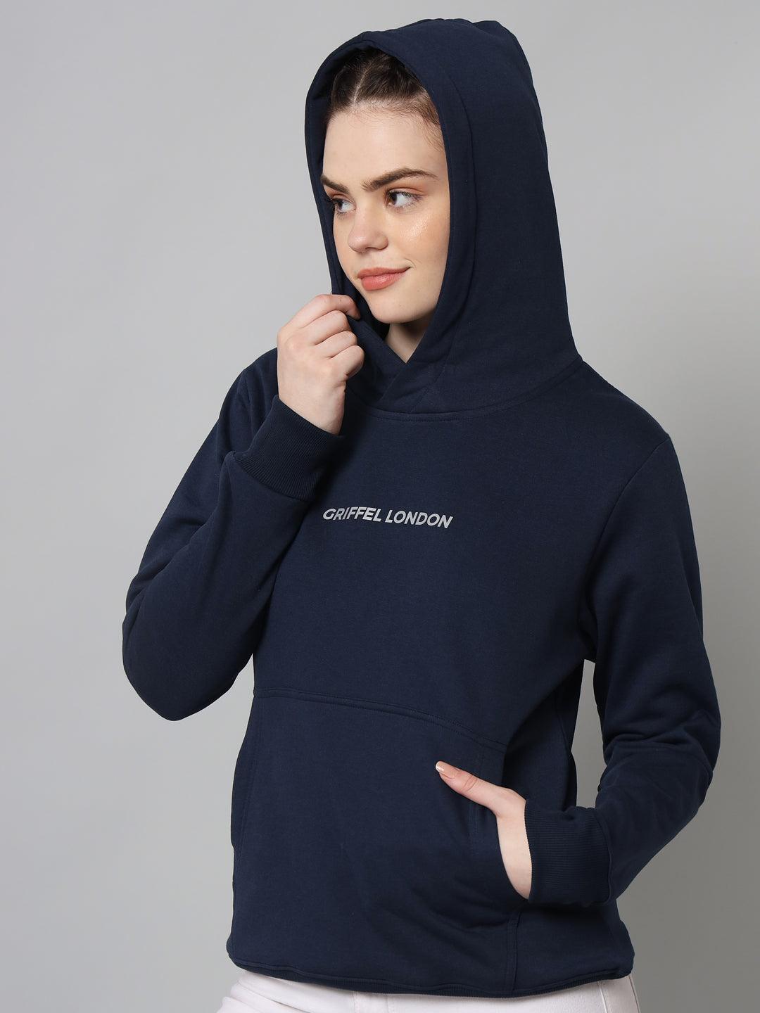 Griffel Women’s Cotton Fleece Full Sleeve Navy Hoodie Sweatshirt - griffel