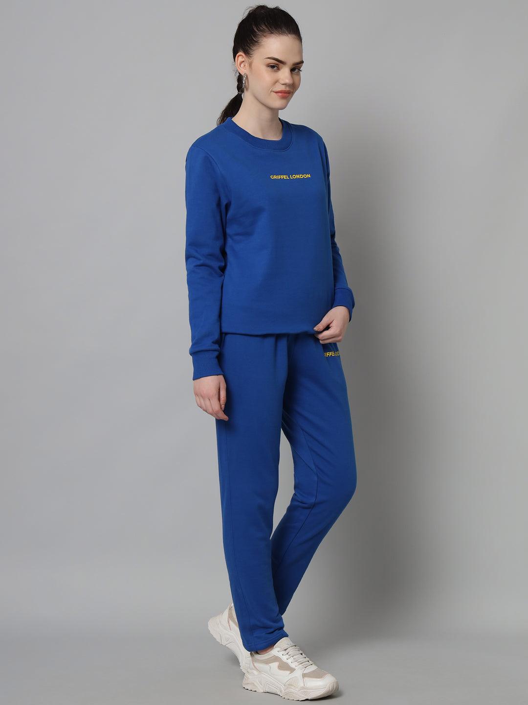 Griffel Women Solid Fleece Basic Round Neck Sweatshirt and Joggers Full set Royal Tracksuit - griffel