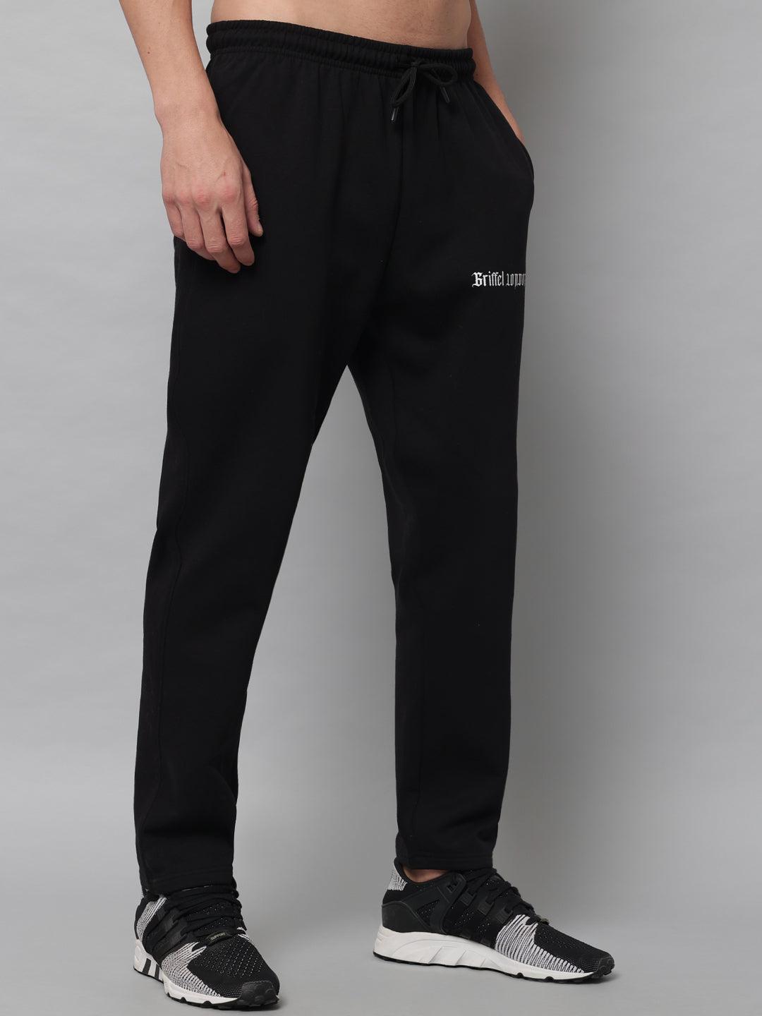 GRIFFEL Men Fleece Basic Solid Front Logo Black Trackpants - griffel