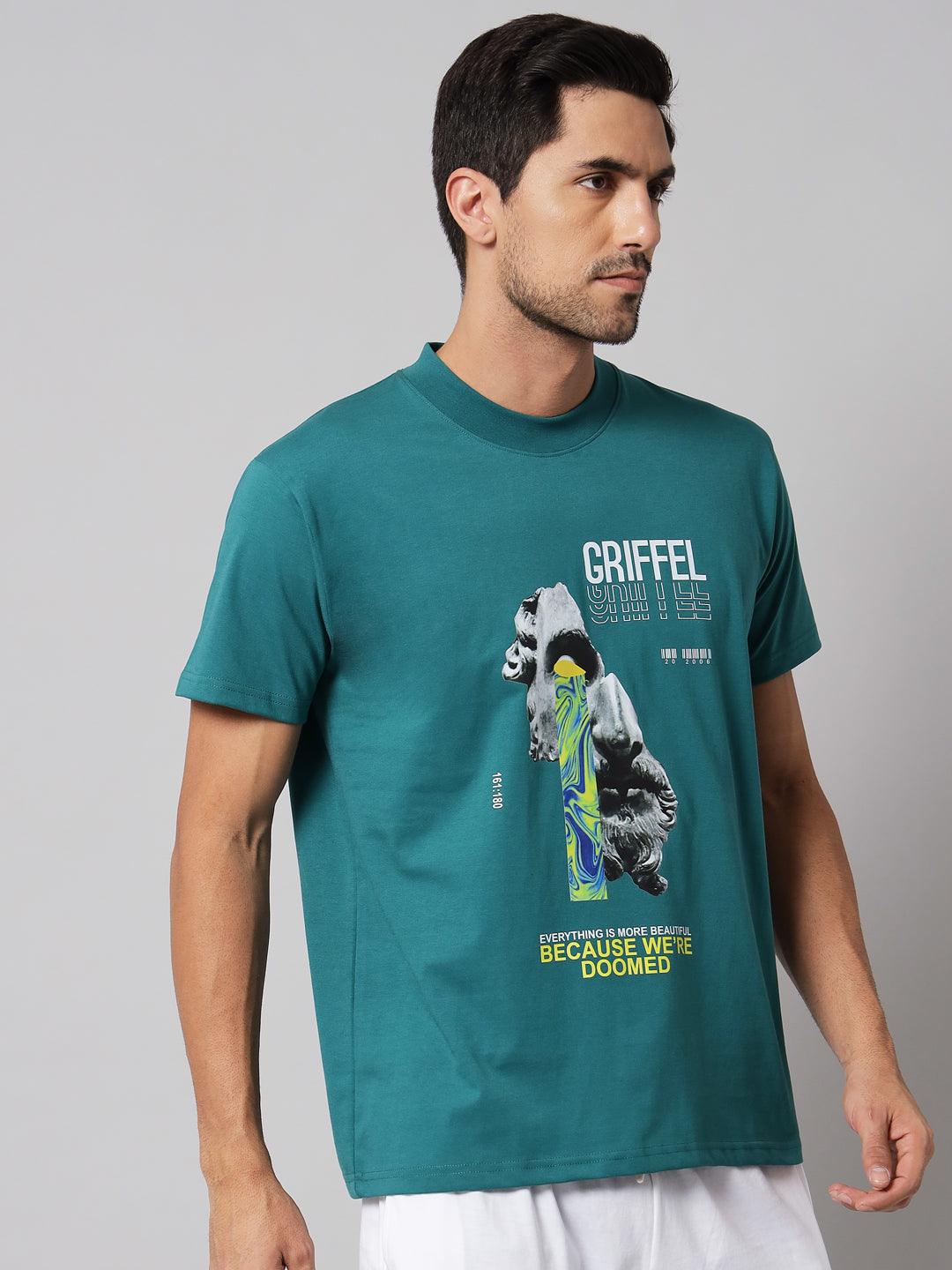 GRIFFEL Men Placement Print Bottle Green Regular fit T-shirt - griffel