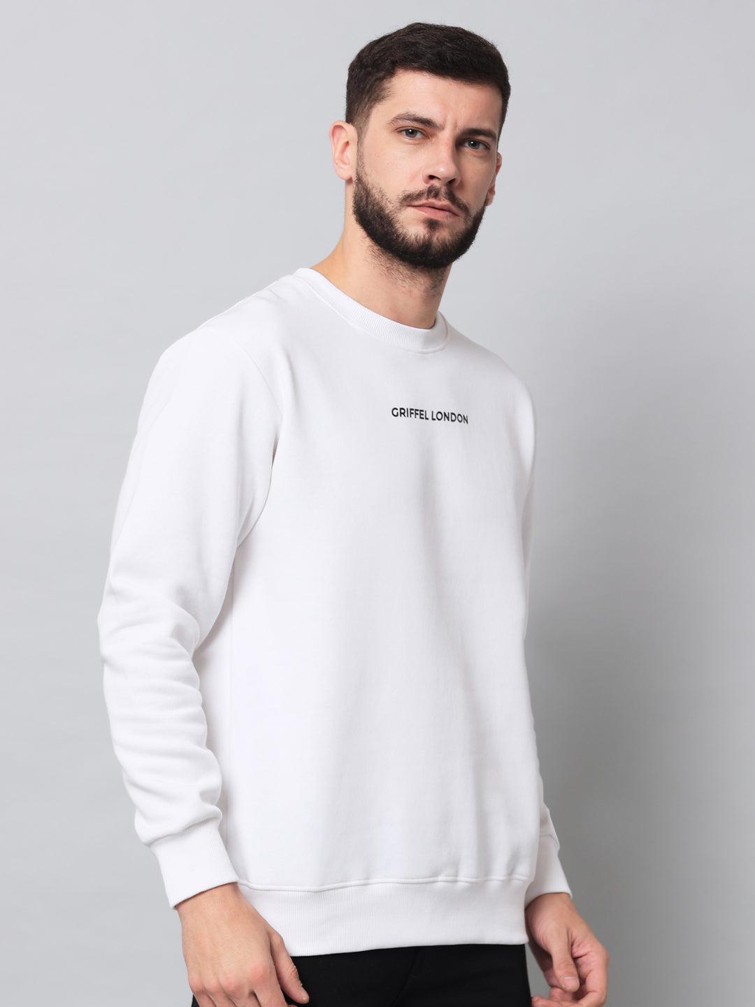 Griffel Men's Cotton Fleece Round Neck White Sweatshirt with Full Sleeve and Front Logo Print - griffel