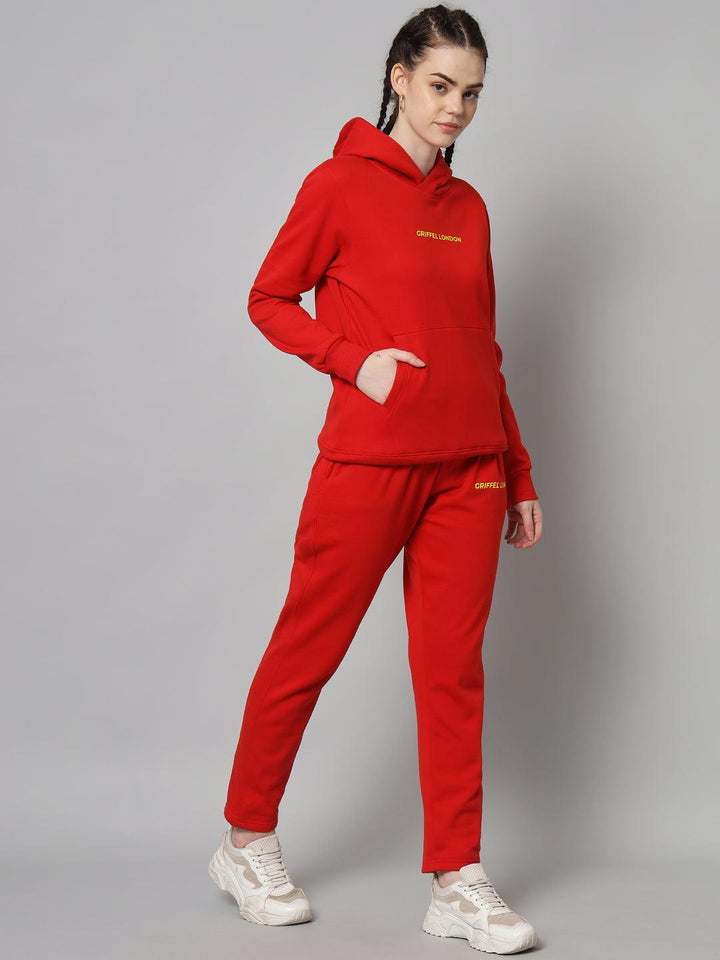 Griffel Women Solid Fleece Basic Hoodie and Joggers Full set Red Tracksuit - griffel