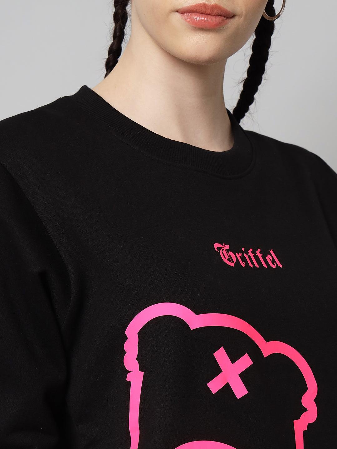 Griffel Women Teddy Print Fleece Round Neck and Joggers Full set Pink Black Tracksuit - griffel