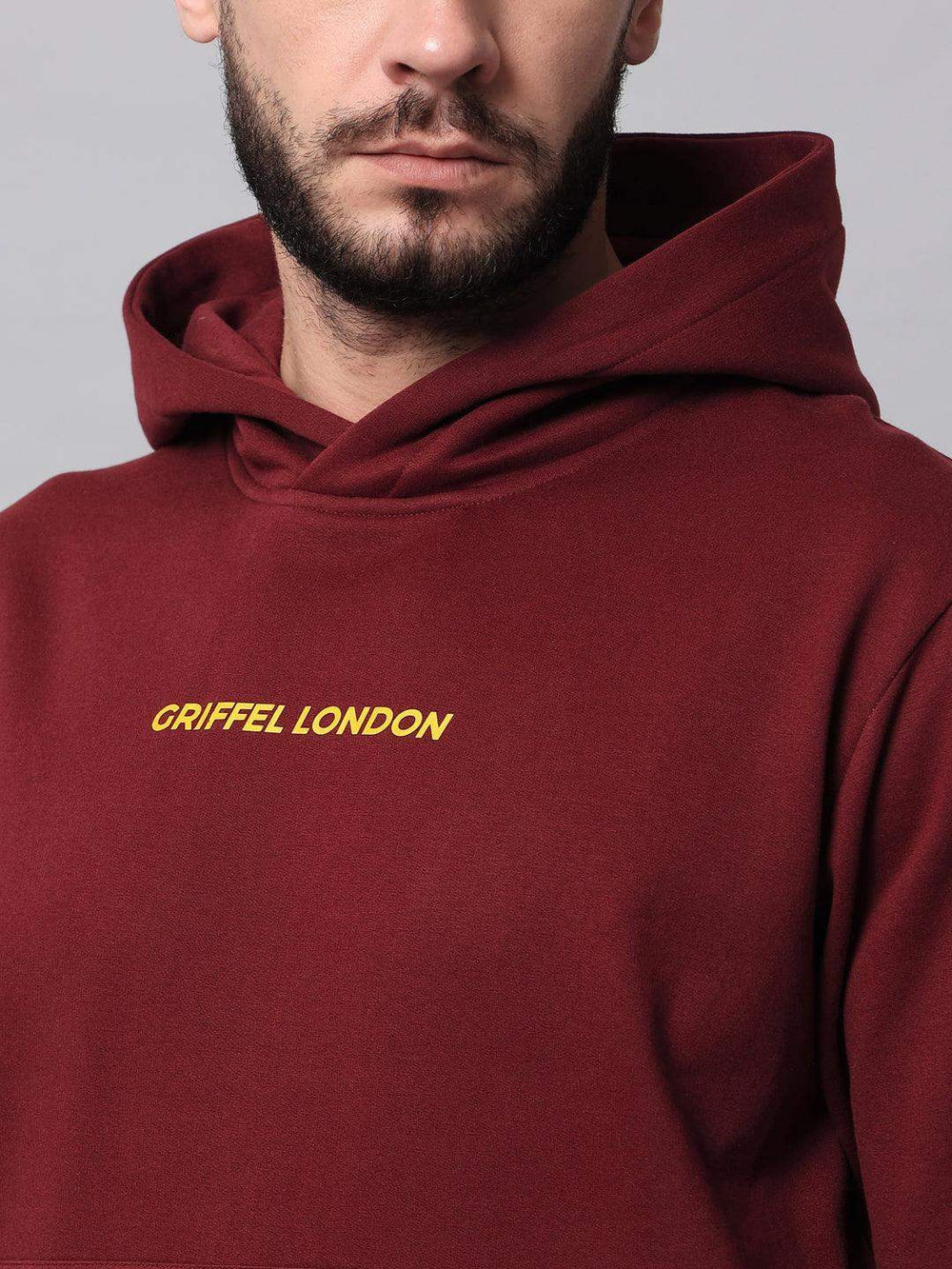 Griffel Men's Front Logo Solid Fleece Basic Hoodie and Joggers Full set Maroon Tracksuit - griffel