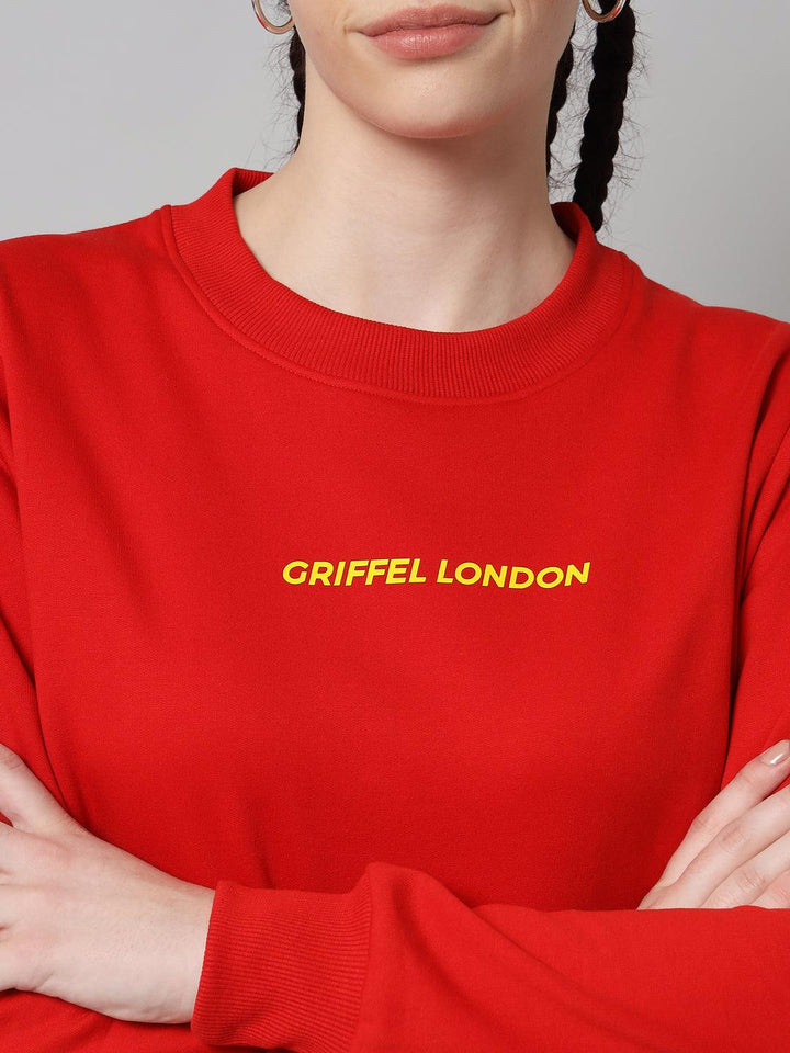 Griffel Women’s Printed Round Neck Red Cotton Fleece Full Sleeve Sweatshirt - griffel